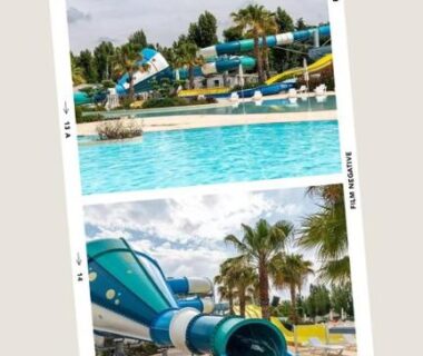 Piscine avec toboggans et palmiers au camping La Carabasse Mobilhome Vias plage