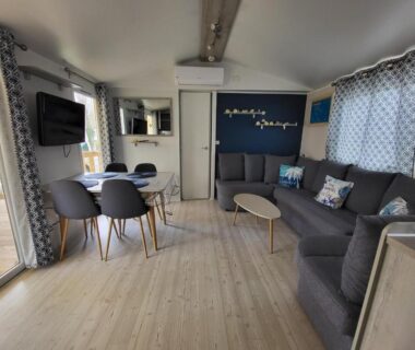 Salon avec canapé table et télévision dans le mobil-home Te Mahana à La Carabasse Vias