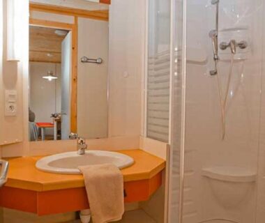 Salle de bains avec douche et lavabo dans l'hébergement La Forêt Enchantée