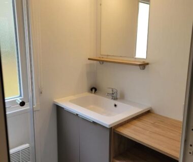 Salle de bain avec lavabo miroir et rangements dans le mobil home La Lette fleurie