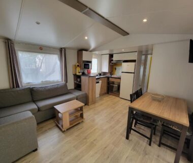 Salon et cuisine dans le mobil home La Lette fleurie