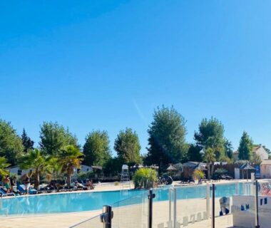 Piscine extérieure avec transats et palmiers au camping La Parenthèse