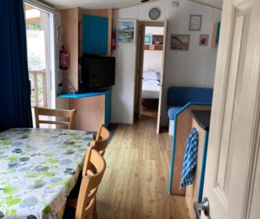 Intérieur mobil-home avec table chaises et télévision dans La Pinède Ensoleillée au Camping La Dune Blanche