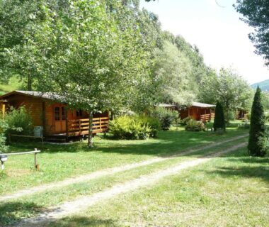 Allée herbeuse bordée de chalets en bois au camping La Valière
