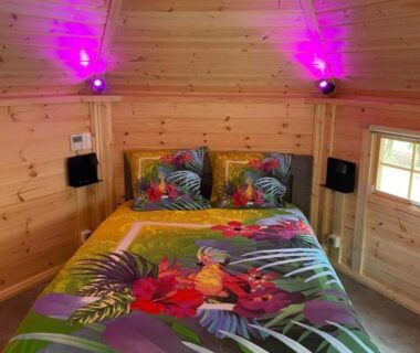 Intérieur de cabane en bois lit double et éclairage violet au camping La Vallée De Taradeau