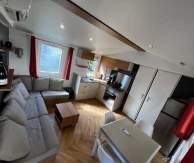 Séjour avec coin salon et kitchenette dans le Mobil Home Lac des rêves