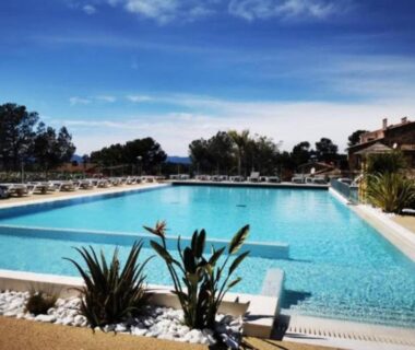 Piscine extérieure entourée de transats et plantes au camping L'arbre perché