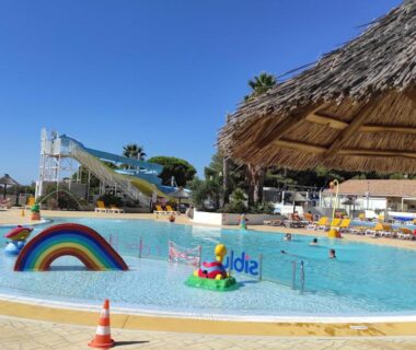 Piscine avec toboggan et paillote au camping Le 384 mobilhome Clim Velos TV lavlinge plancha transats
