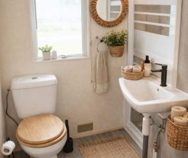 Salle de bain avec lavabo et WC dans le mobil-home du camping Le Bruant des Roseaux
