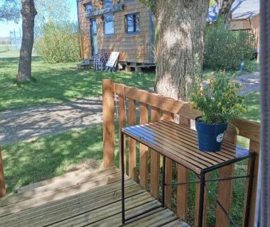 Terrasse en bois avec table et pot de fleurs au camping Le Bruant des Roseaux