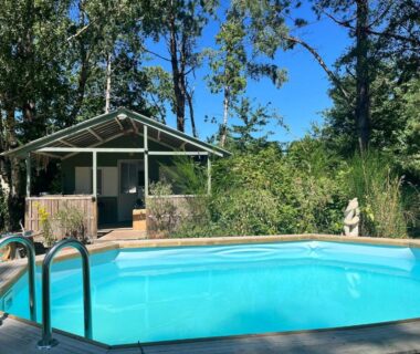 Piscine devant un chalet entouré d'arbres au camping Le Bus de la Forêt