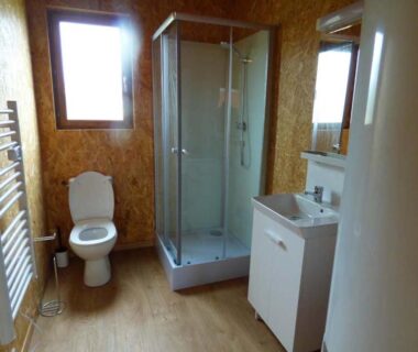 Salle de bains avec cabine de douche et WC au camping Le Carbet Vendéen