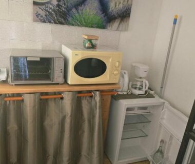 Coin cuisine avec micro-ondes réfrigérateur et cafetière au Chalet des Dany