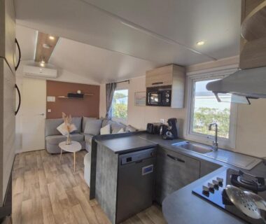 Intérieur avec cuisine et coin salon du mobil home Le Coco Lodge