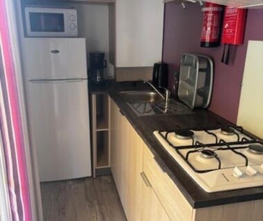 Kitchenette avec réfrigérateur, micro-ondes et plaques dans Le Cocon Landais