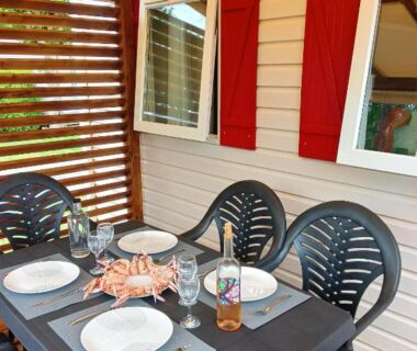 Terrasse couverte avec table dressée et chaises au camping Le HAVRE DU MEN DU