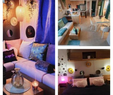 Intérieur du bungalow avec salon cuisine et chambre dans Le Lagon Rose Camping SIBLU le Mar Estang