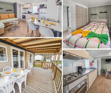 Terrasse couverte avec table et salon intérieur du mobil-home Le Nocia