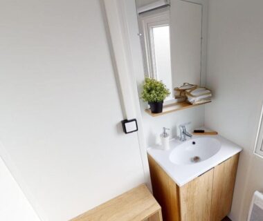 Salle de bains avec lavabo, meuble en bois et plante dans Le Panorama