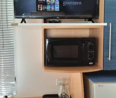 Cuisine équipée avec micro-ondes et télévision dans le mobil-home Le Ried Camping To hapi