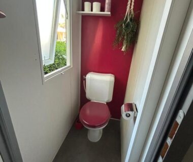 WC compact avec toilettes et étagère dans l'hébergement Le SaraLéna