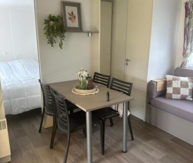 Séjour avec table chaises canapé et chambre visible au camping Le bercail