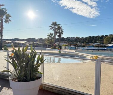Bord de piscine avec palmiers au Cabanon