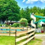 Espace piscine extérieur avec toboggans et pelouse au chalet de DOMY