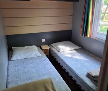 Chambre avec deux lits simples et chevet dans l'hébergement Le nid Rhénan