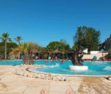 Piscine extérieure avec fontaine et palmiers au camping Le paradis du sud