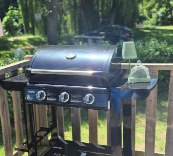 Terrasse en bois avec barbecue au bord de l'Eure au camping L'échappée verte