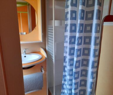 Salle de bain avec douche à rideau lavabo et miroir dans l'hébergement Les 5 Étangs