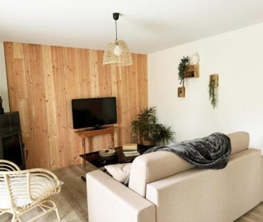 Salon avec canapé télévision poêle en bois et fauteuil en rotin dans un chalet Les Chalets de Labeaume
