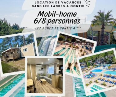 Terrasse et parc aquatique du mobil-home Les Dunes d'EZC