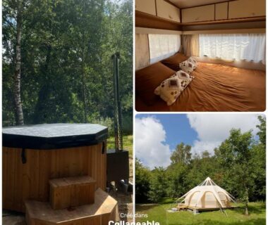 Bain nordique en bois dans un coin boisé au camping Les Hulottes