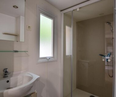 Salle de bain avec douche et lavabo dans l'hébergement Les Rives d'Auzon confort 6 pers