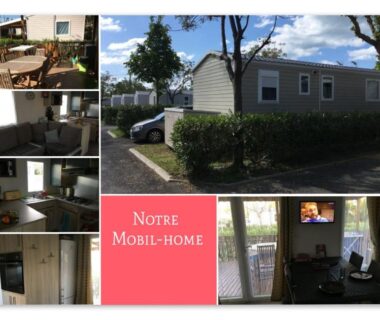 Mobil-home extérieur et intérieur avec terrasse au camping Les Sables du Midi
