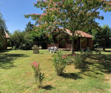 Jardin et chalet en bois avec terrasse dans le camping Les chalets de fiolles