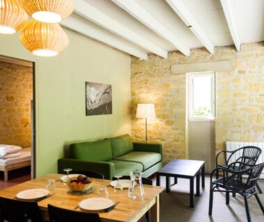 Séjour avec canapé vert et coin repas dans Les gites de Sarlat