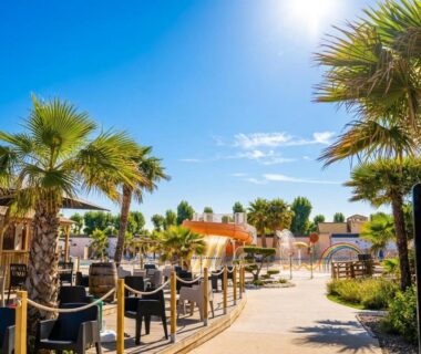 Piscine et terrasse bordées de palmiers au camping Les sables du midi