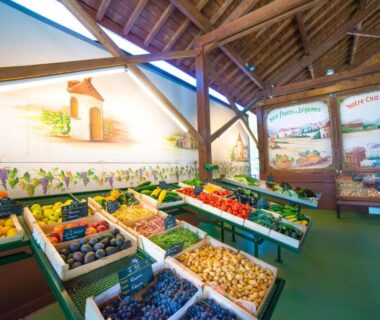 Intérieur d'un espace vente avec étals de fruits et légumes au camping L'imprévu