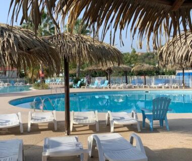Bord de piscine avec transats et parasols sous paillotes au camping Little John