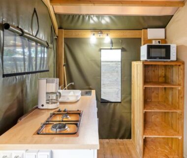 Coin cuisine avec plaque et micro-ondes dans le Lodge 2 - Domaine Des Landes