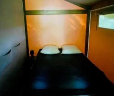 Intérieur avec lit double dans le lodge 22m² avec terrasse pour 5 personnes API-1-52-1500