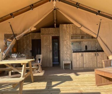 Terrasse en bois avec kitchenette et table de pique-nique dans le lodge Lodges & Nature 49