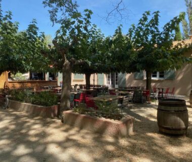 Terrasse ombragée avec tables et chaises au camping Lodges & Nature 71