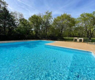 Piscine extérieure entourée d'arbres aux Lodges du Bois Dodo