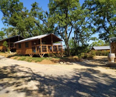Allée ombragée et lodges en bois aux Lodges du Ushuaïa Villages Camping les 4 Saisons