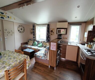 Séjour avec kitchenette et coin repas dans le Logement 3 chambres Vue Lac Camping 4 étoiles Foix
