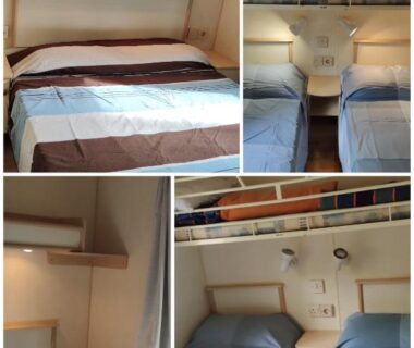 Intérieur de chambre avec lit double et lits superposés dans le camping MBIMBE AGNES